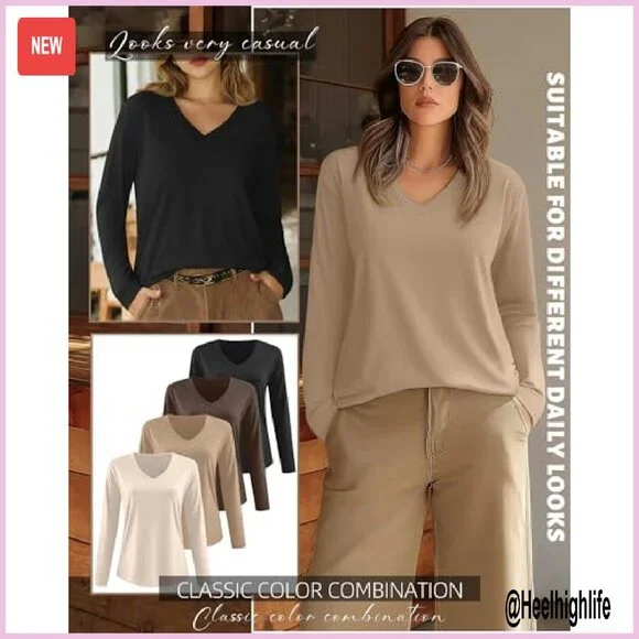 Plus Size Long Sleeve V-Neck Tunic Tops 4 Pack Loose Fit Fall Clothes - Picture 5 of 7